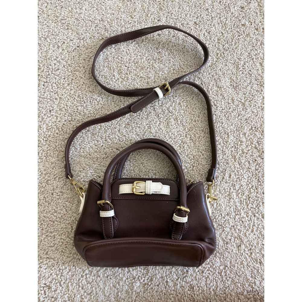 Anthropologie Brown Faux Leather Mini Buckle Satchel Crossbody Bag Gold Hardware